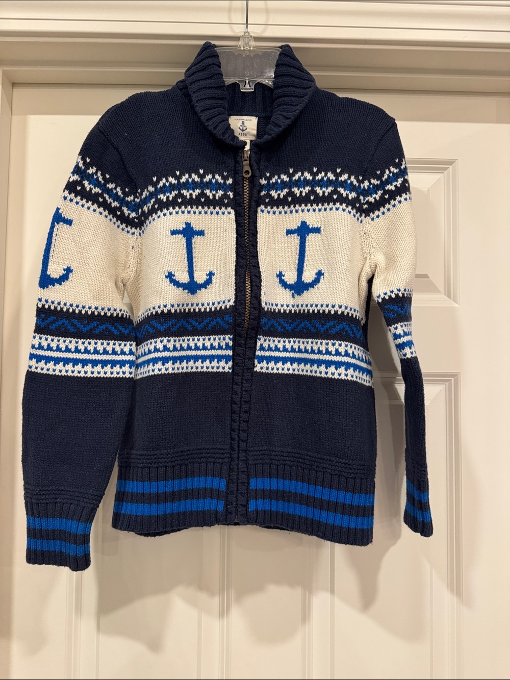 Boys Lands' End Navy, White & Blue Anchor Zip Cardigan Size Medium 10-12